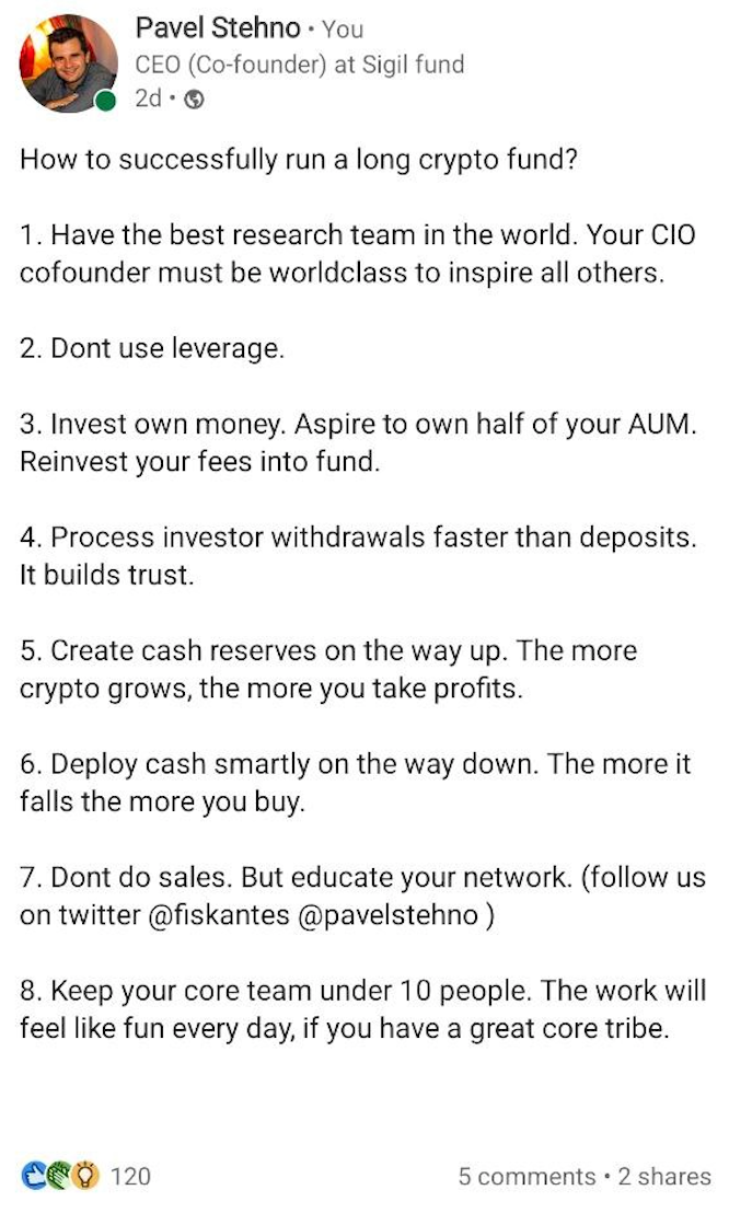 Pavel Stehno tweet about run crypto fund