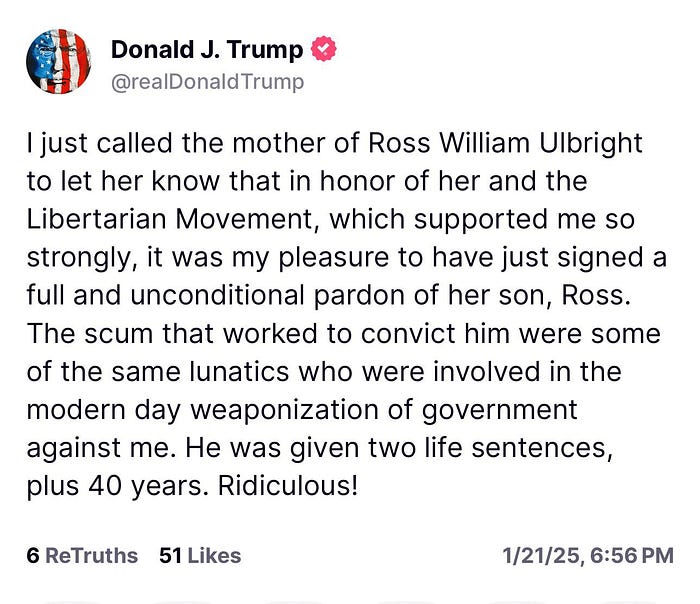 Donald J. Trump post about  pardon for Ross Ulbricht