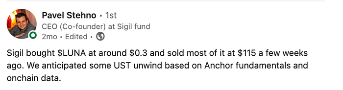 Pavel Stehno tweet about $LUNA